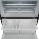 Open freezer and refrigerator interior with shelves in a black French-door fridge