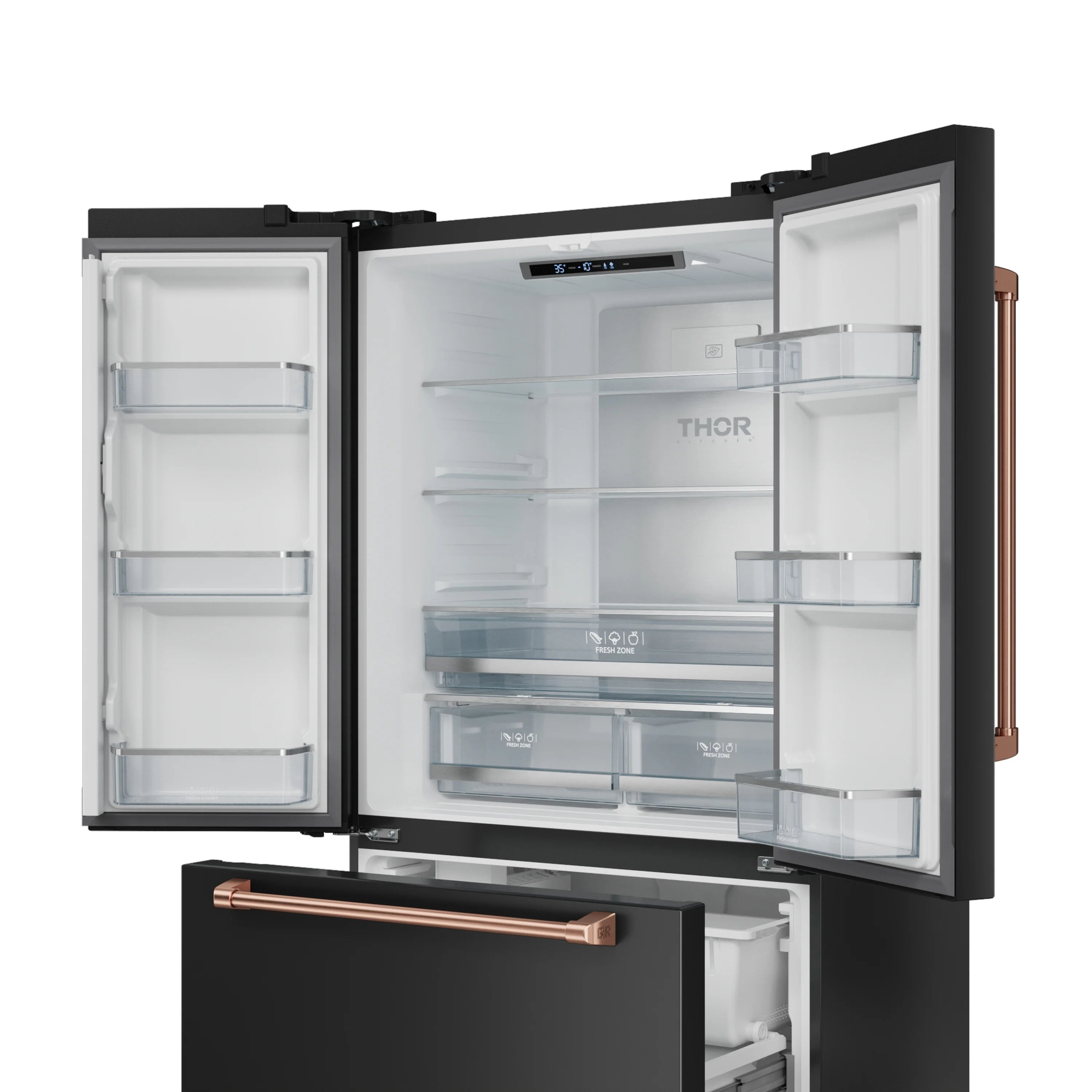Black French-door refrigerator with open doors showing glass shelves and interior bins