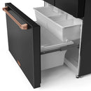 Open freezer drawer of a black French-door refrigerator with rose-gold accent handle