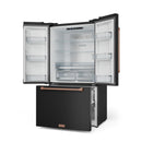 Black French-door refrigerator with open doors, interior shelves and ice maker area