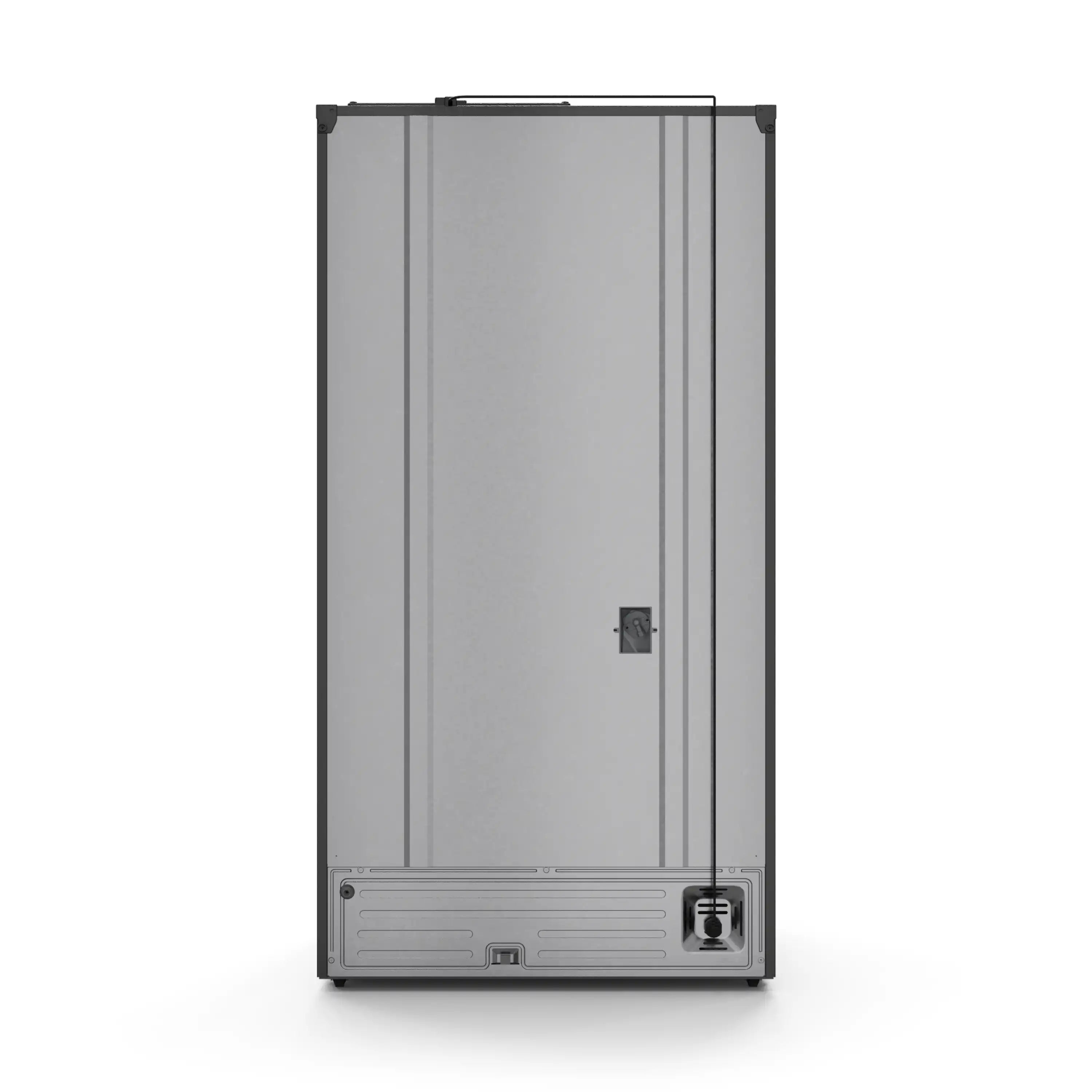Rear view of a black French-door refrigerator with access panel and outlet area