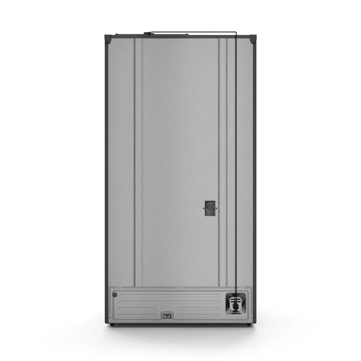 Black counter-depth refrigerator, closed door with dispenser panel and side trim