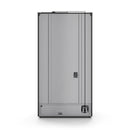 Rear view of a black French-door refrigerator with access panel and outlet area