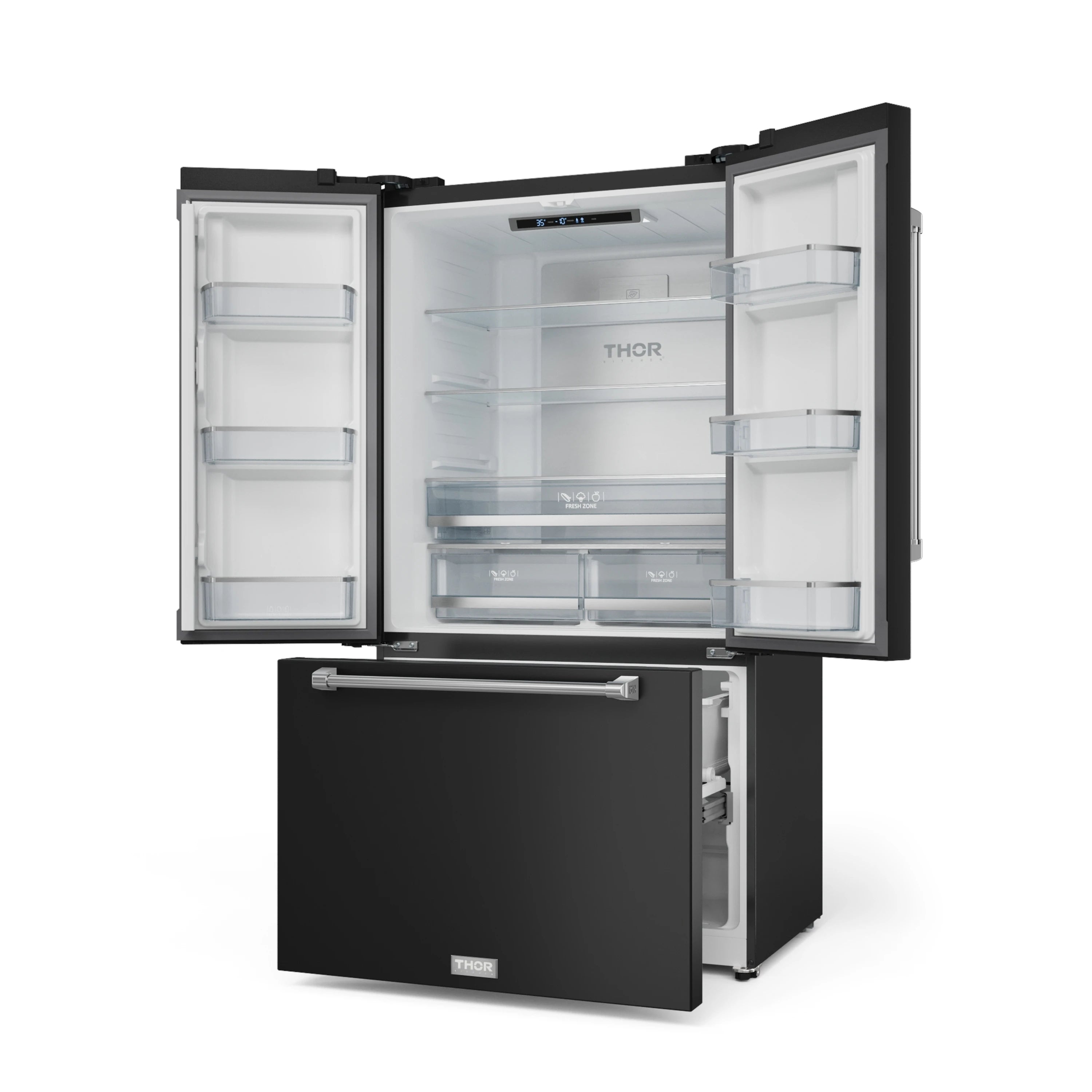 Open black French door refrigerator showing white interior shelves and bins