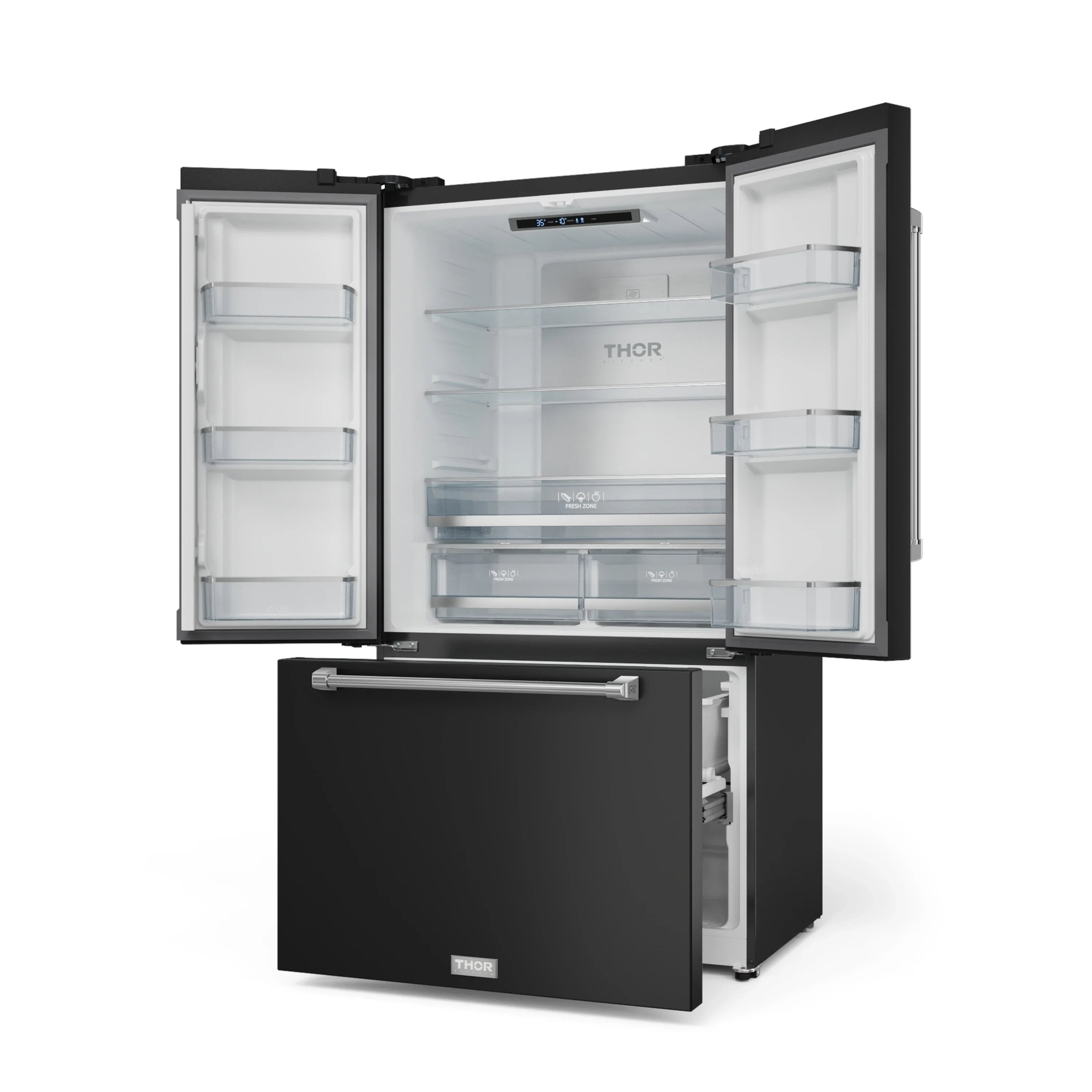Black 36-inch refrigerator with open doors showing shelves and crisper drawer