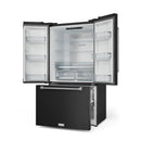 Open black French door refrigerator showing white interior shelves and bins