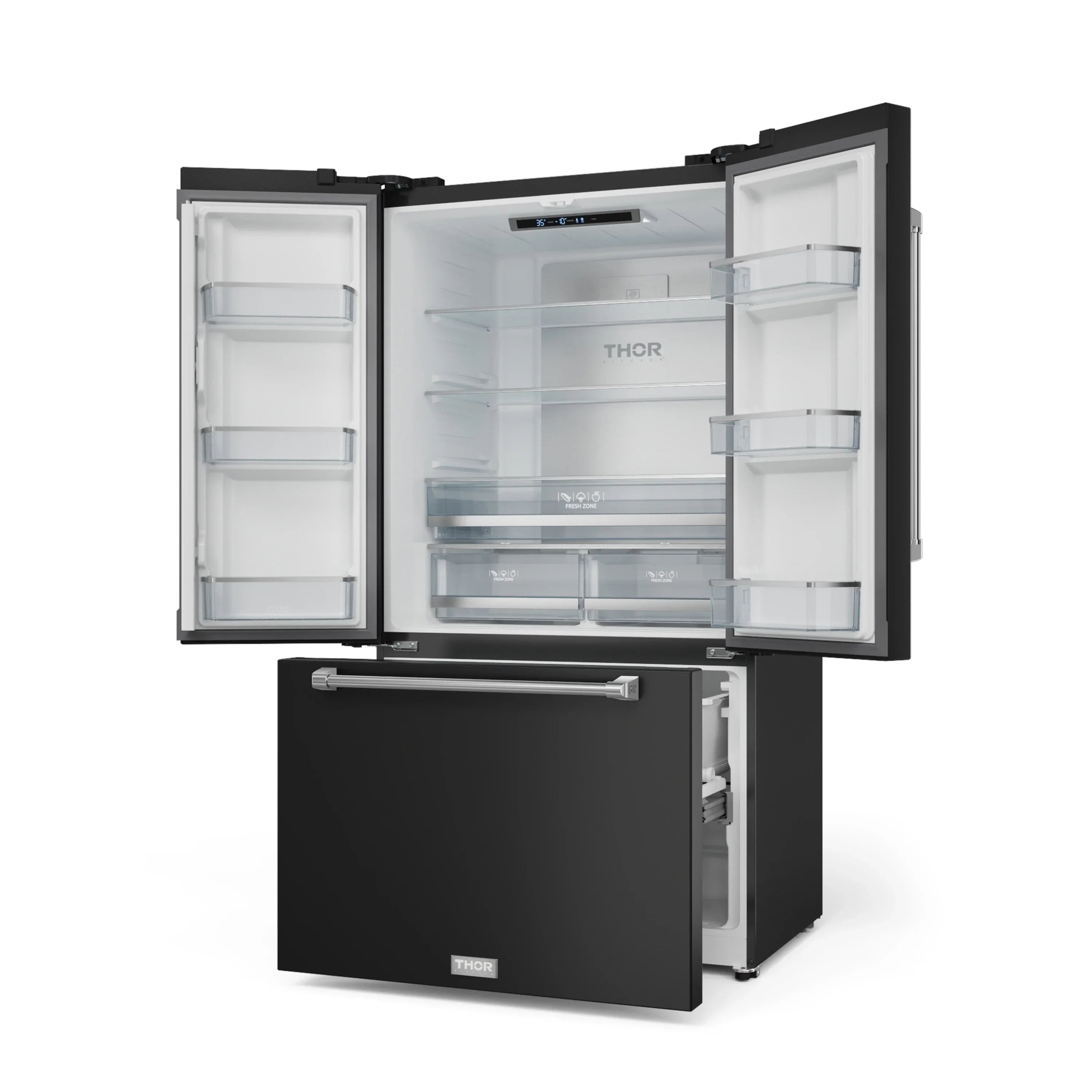 Black refrigerator with open doors and freezer drawer, showing white interior shelves