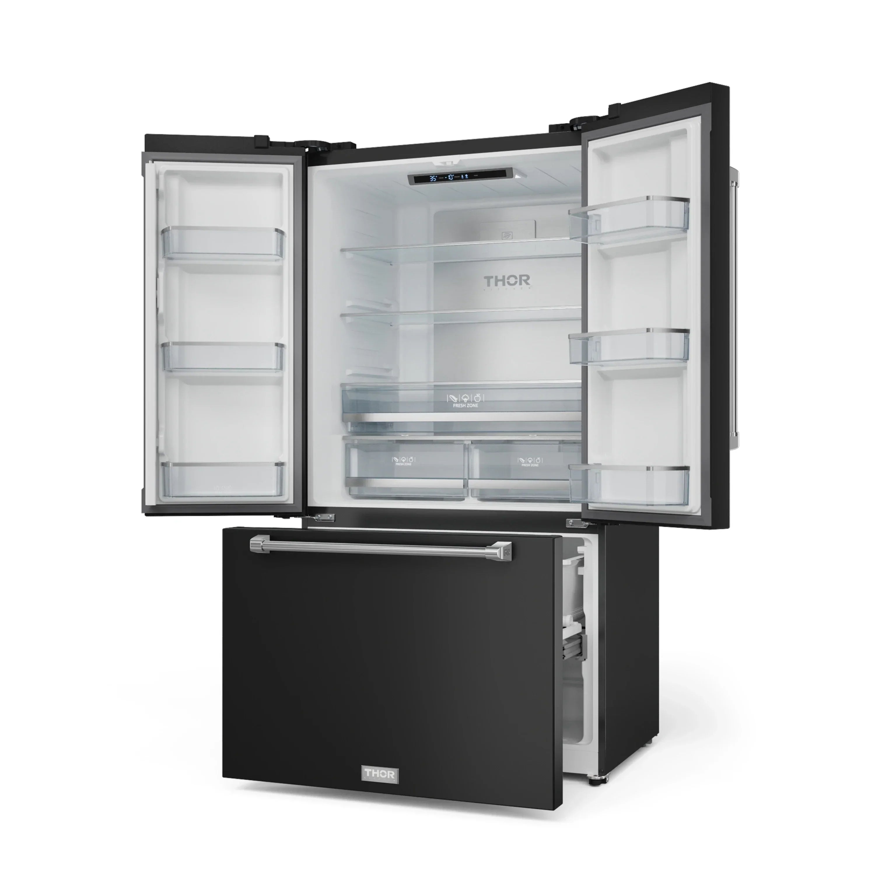 Open black refrigerator with freezer drawer and interior storage shelves