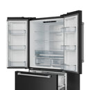 Open black refrigerator doors with white interior shelves and clear glass compartments