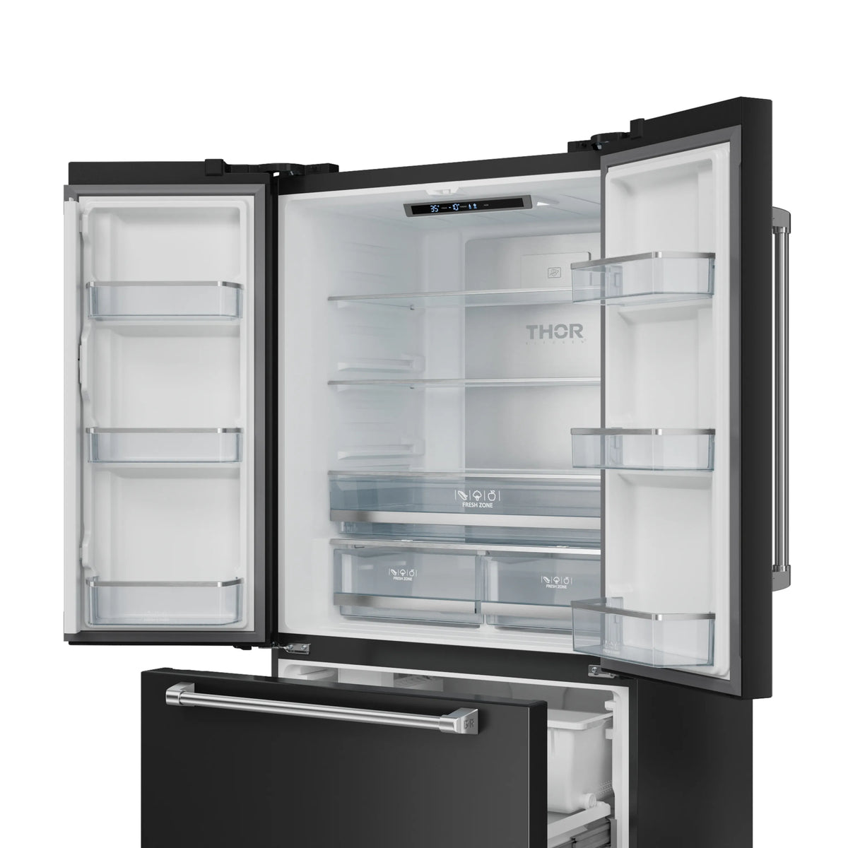 Open black refrigerator showing white shelves, Fresh Zone glass cover, and door bins