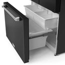 Black refrigerator with one door open showing white freezer bin and pull-out tray