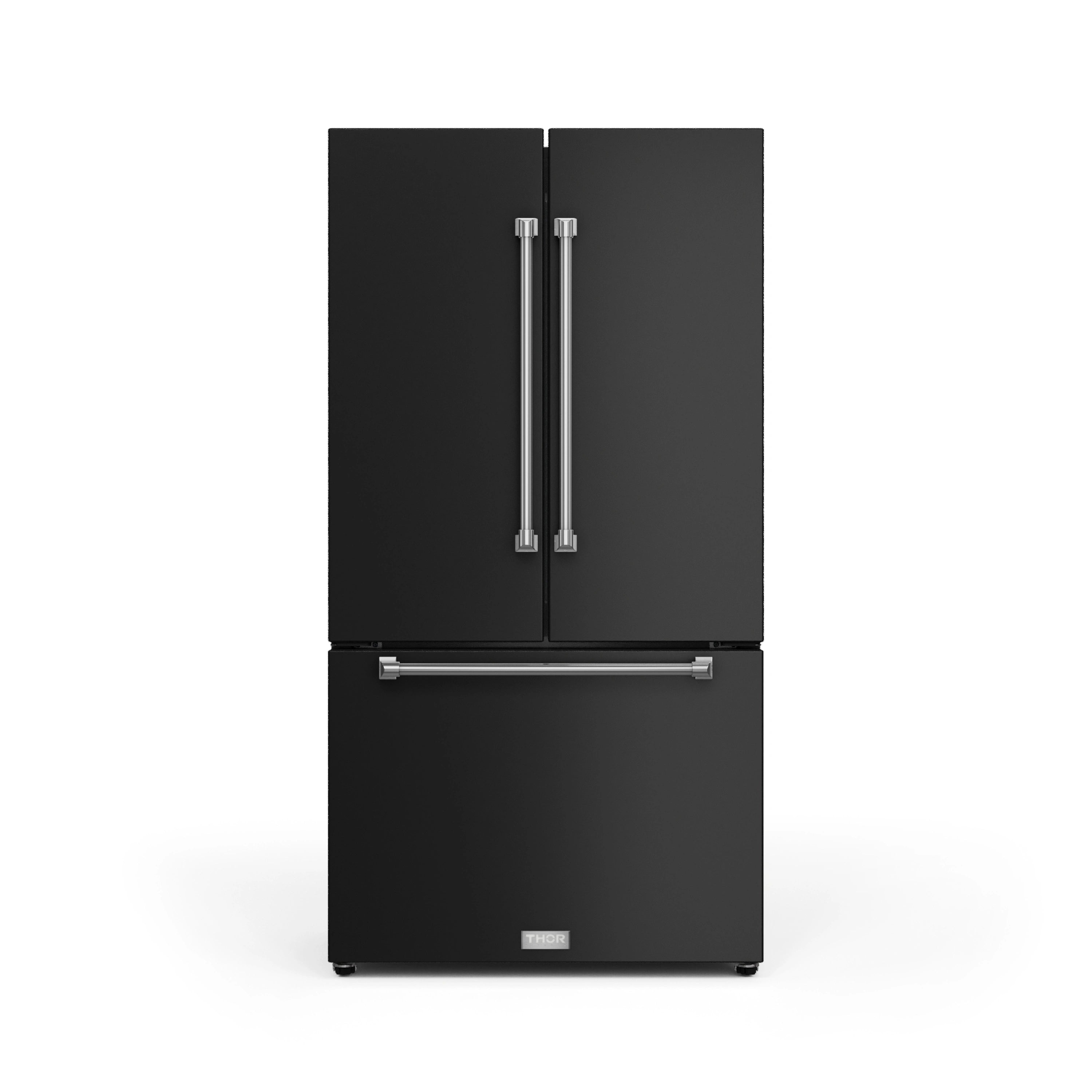 Black French door refrigerator with stainless handles and bottom freezer door