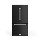 Black French door refrigerator with stainless handles and bottom freezer door