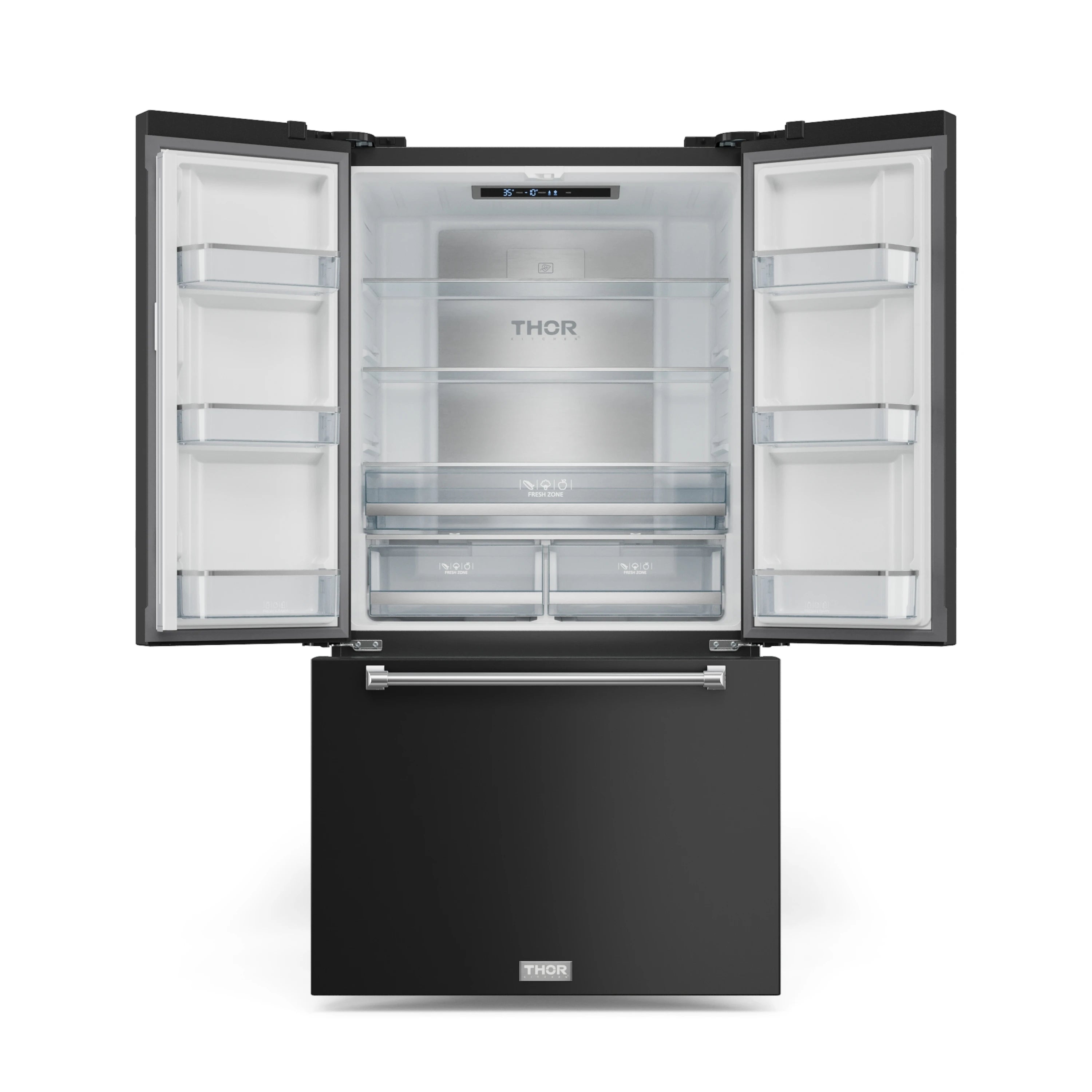 Black French door refrigerator with open doors and pull-out freezer drawer
