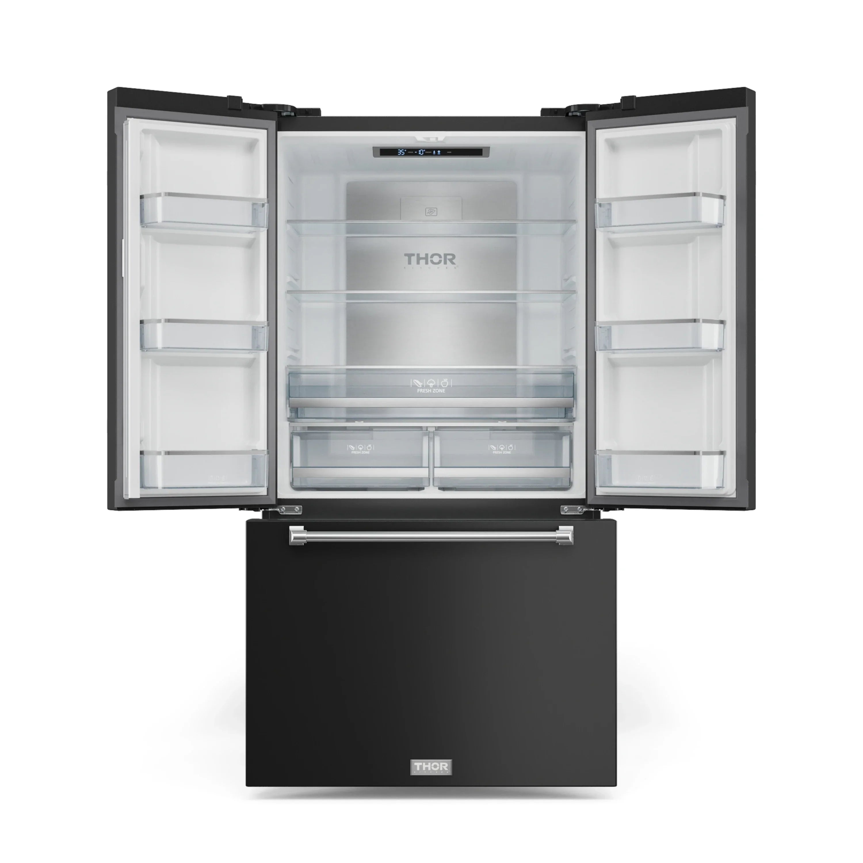 Black refrigerator with open doors and clear shelves above a pull-out drawer