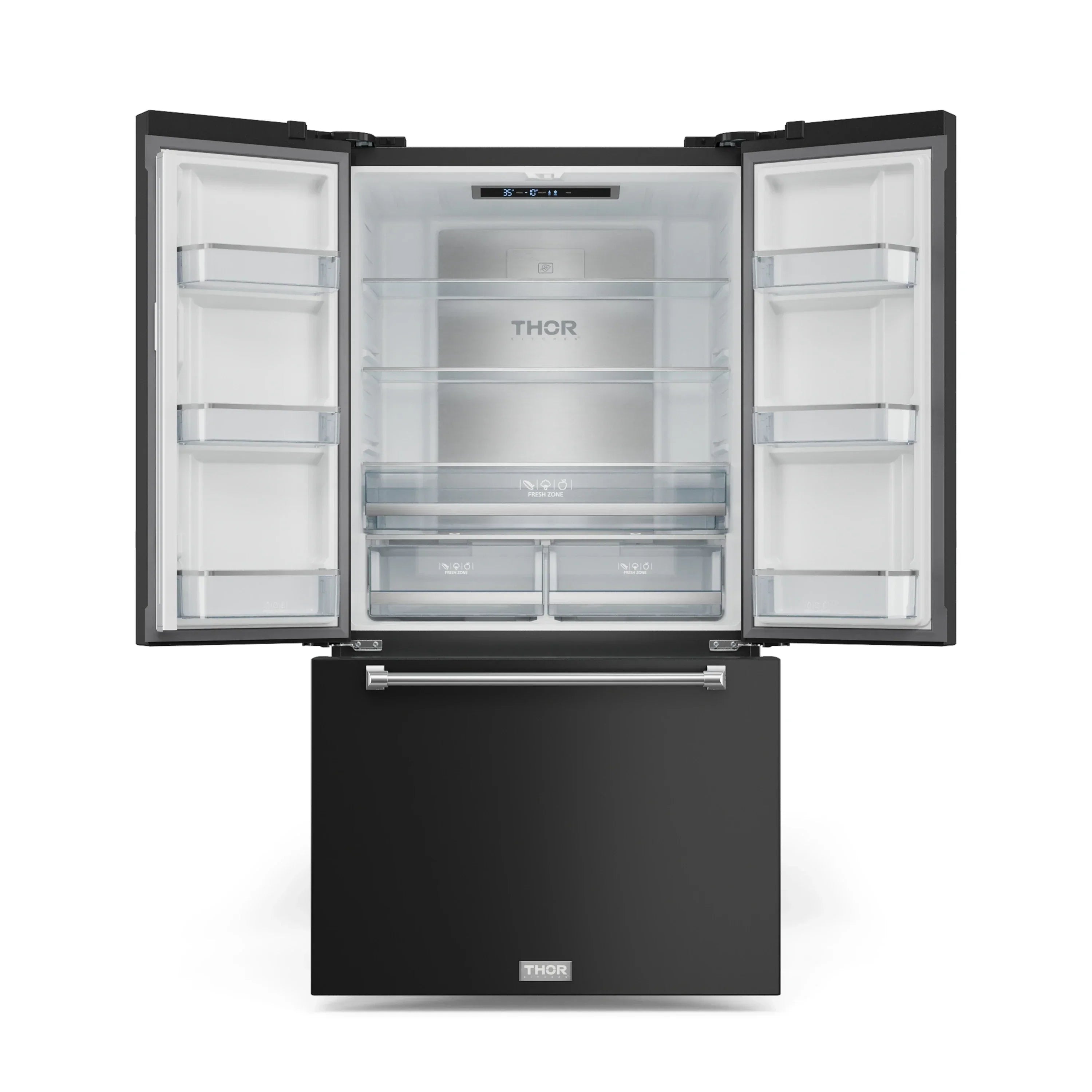 Black refrigerator with open doors, glass shelves, and freezer drawer
