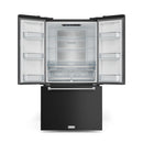 Black French door refrigerator with open doors and pull-out freezer drawer