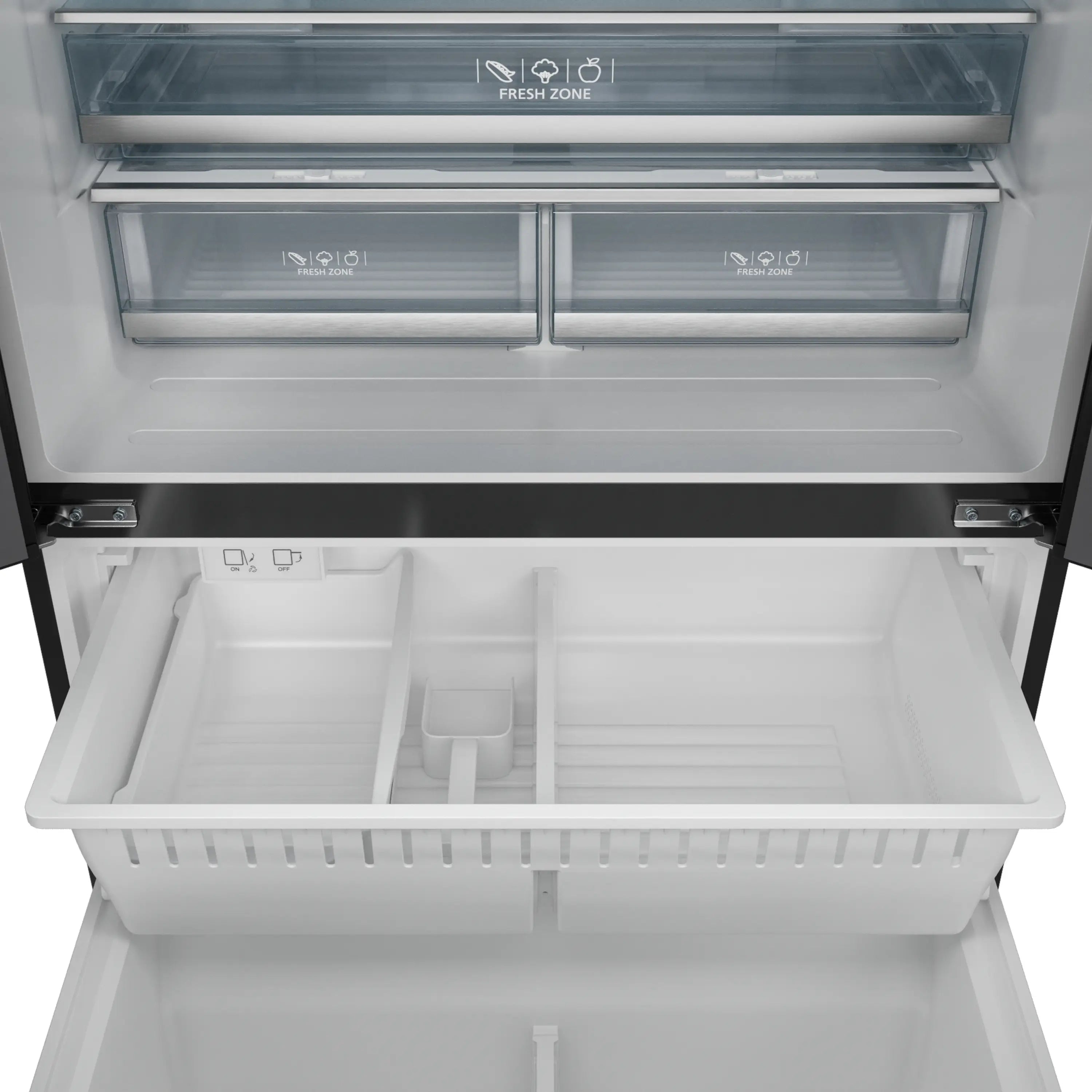 Open refrigerator section with white drawers and clear shelving above