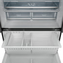 Open refrigerator section with white drawers and clear shelving above