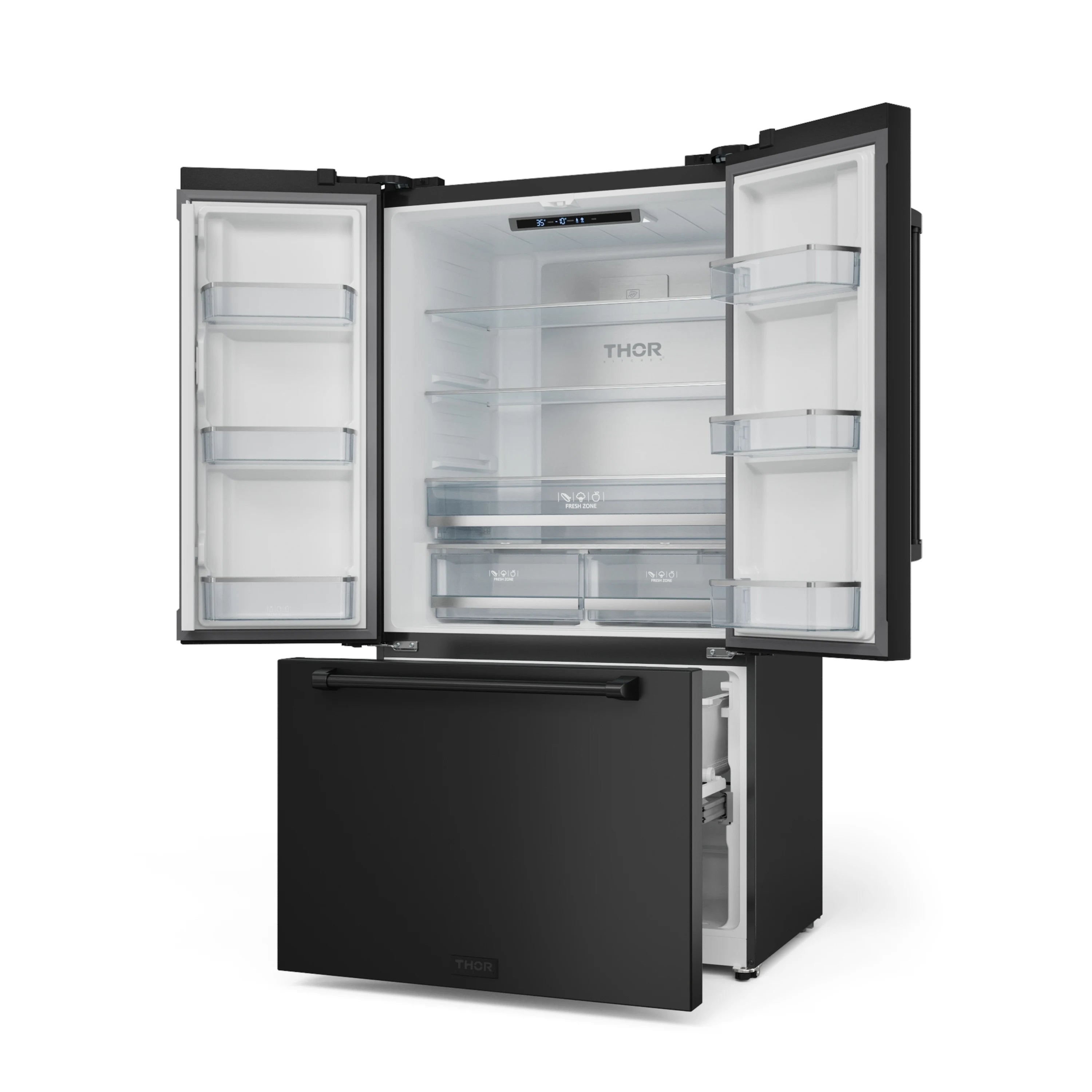 Black French door refrigerator with bottom freezer; open doors reveal glass shelves and bins