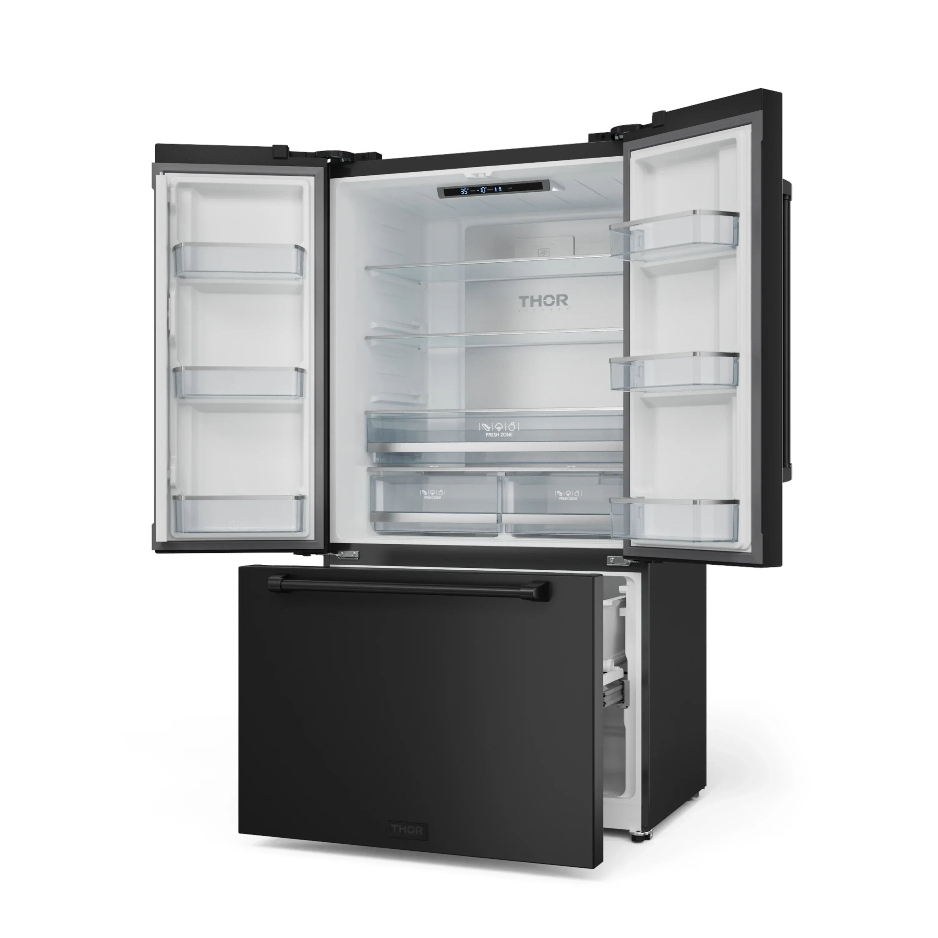 Black refrigerator interior with open doors and clear crisper drawers