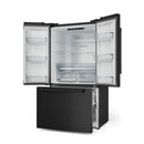 Black French door refrigerator with bottom freezer; open doors reveal glass shelves and bins