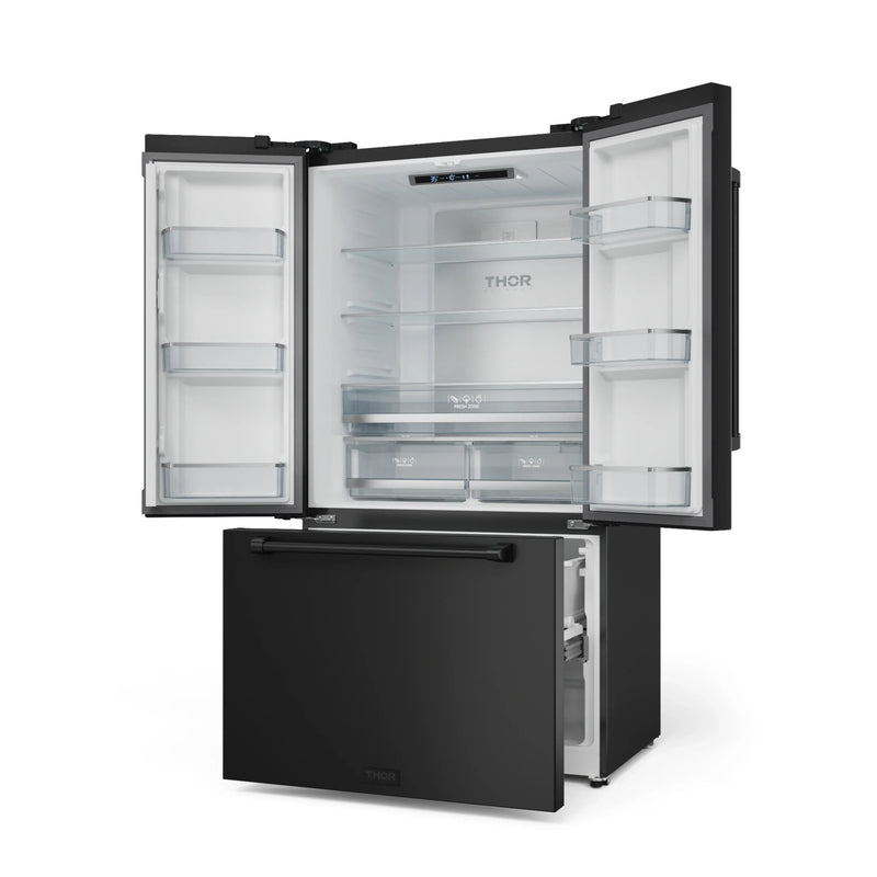 Gordon Ramsay by Thor Kitchen 3-Piece Appliance Package - 36-Inch Propane Gas Range, Tilt Panel, 36-Inch Refrigerator, and Dishwasher in Black