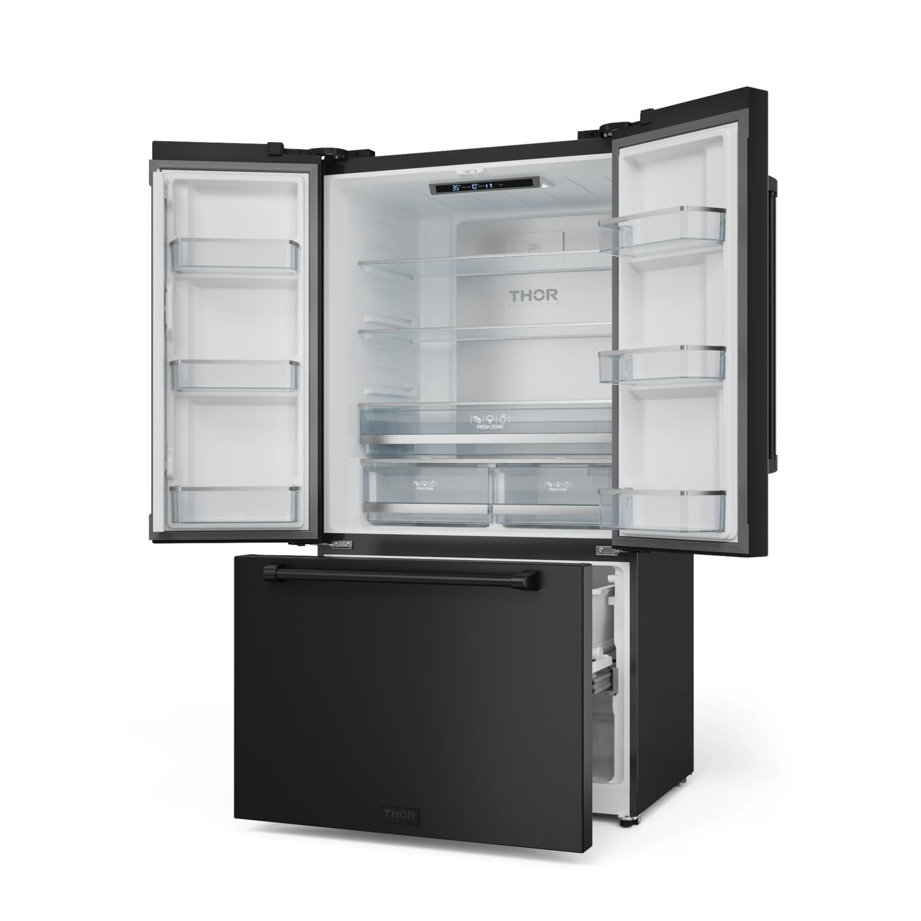 Black refrigerator with open French doors, interior shelves, and lower freezer drawer