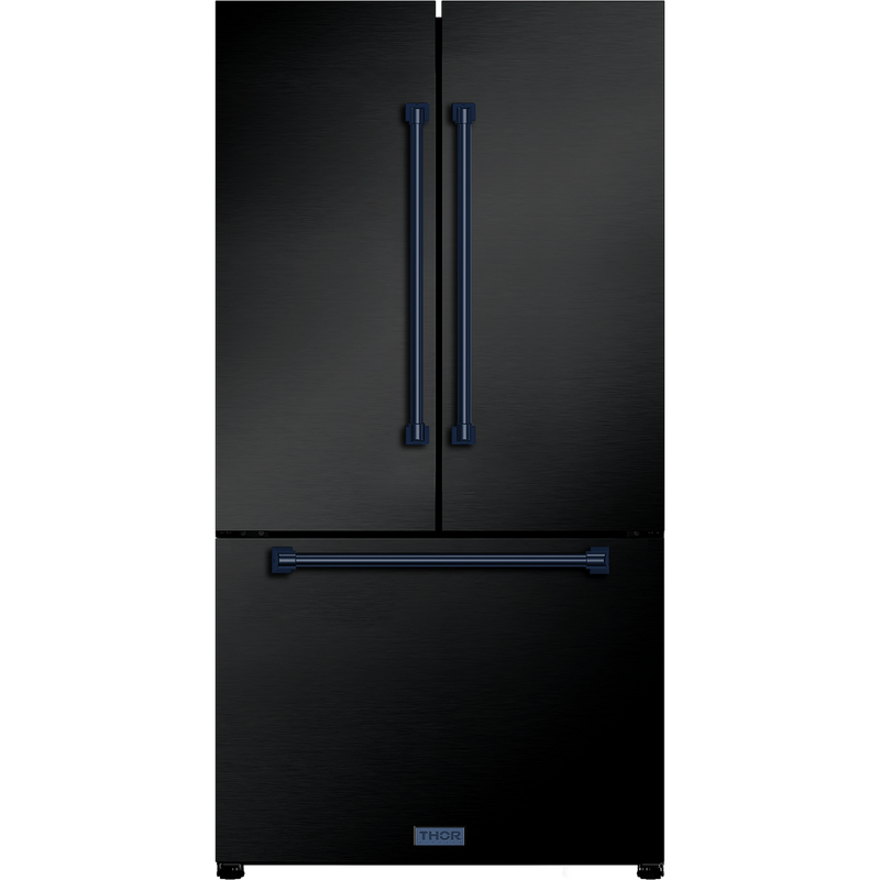 Thor Kitchen Gordon Ramsay 3-Piece Appliance Package - 36-Inch Gas Range with Tilt Panel, 36-Inch Refrigerator, and Dishwasher in Black with Blue Trim