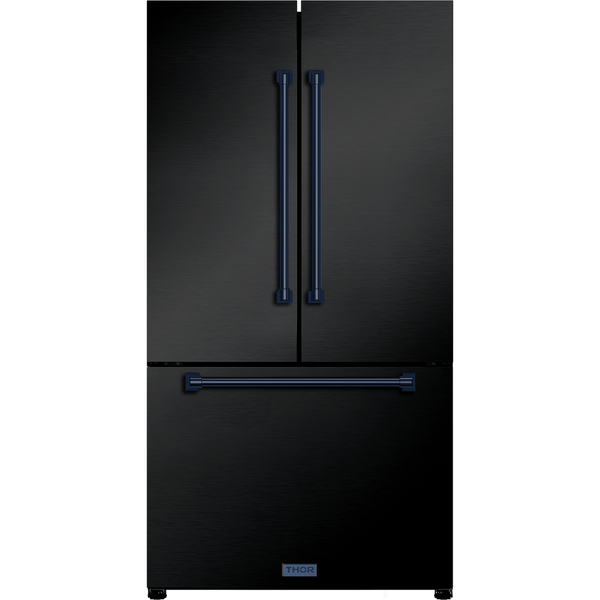 Thor Kitchen Gordon Ramsay Series 36-Inch 20.3 cu ft French Door Counter Depth Refrigerator with Ice Maker in Black with Navy Blue Trim  (RF3621CTD00-BLU)