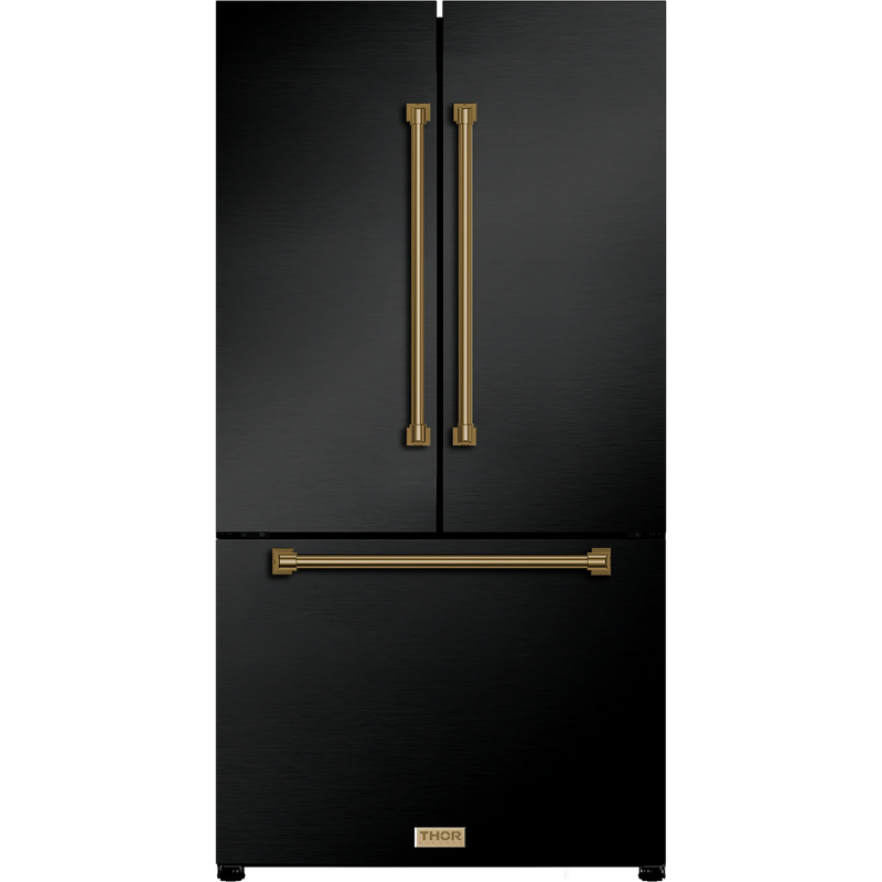 Thor Kitchen Gordon Ramsay 3-Piece Appliance Package - 36-Inch Gas Range with Tilt Panel, 36-Inch Refrigerator, and Dishwasher in Black with Bronze Trim