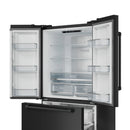 Black French door refrigerator with bottom freezer; open doors show interior shelves and crisper