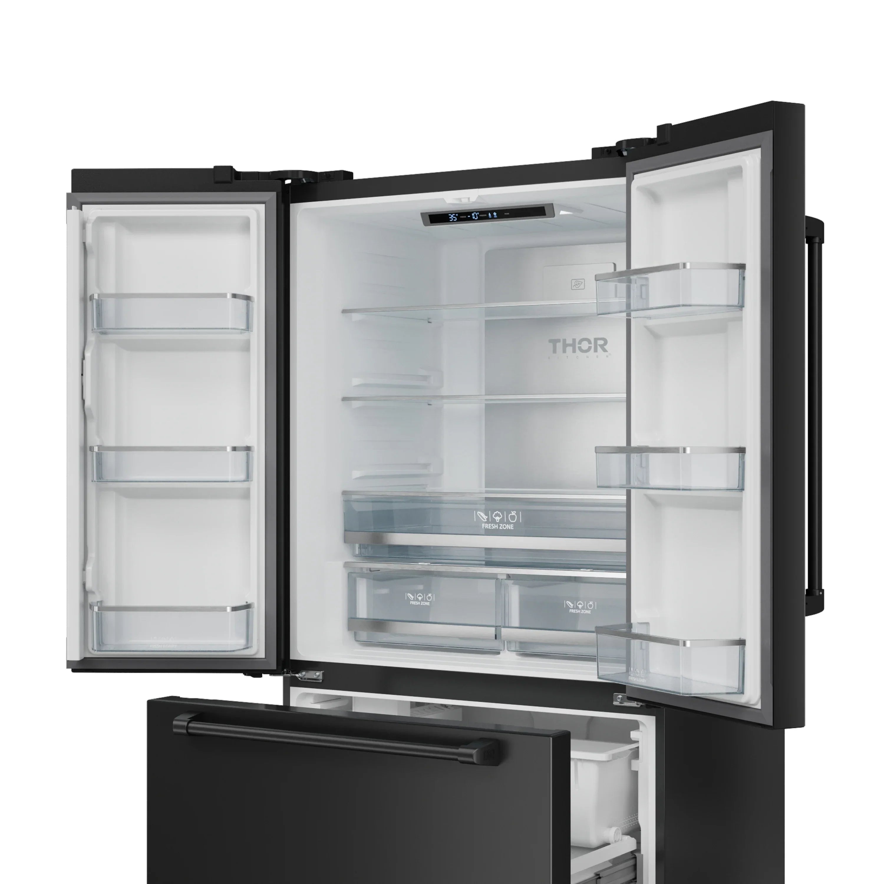 Open black refrigerator with shelving, door bins, and bottom freezer drawer