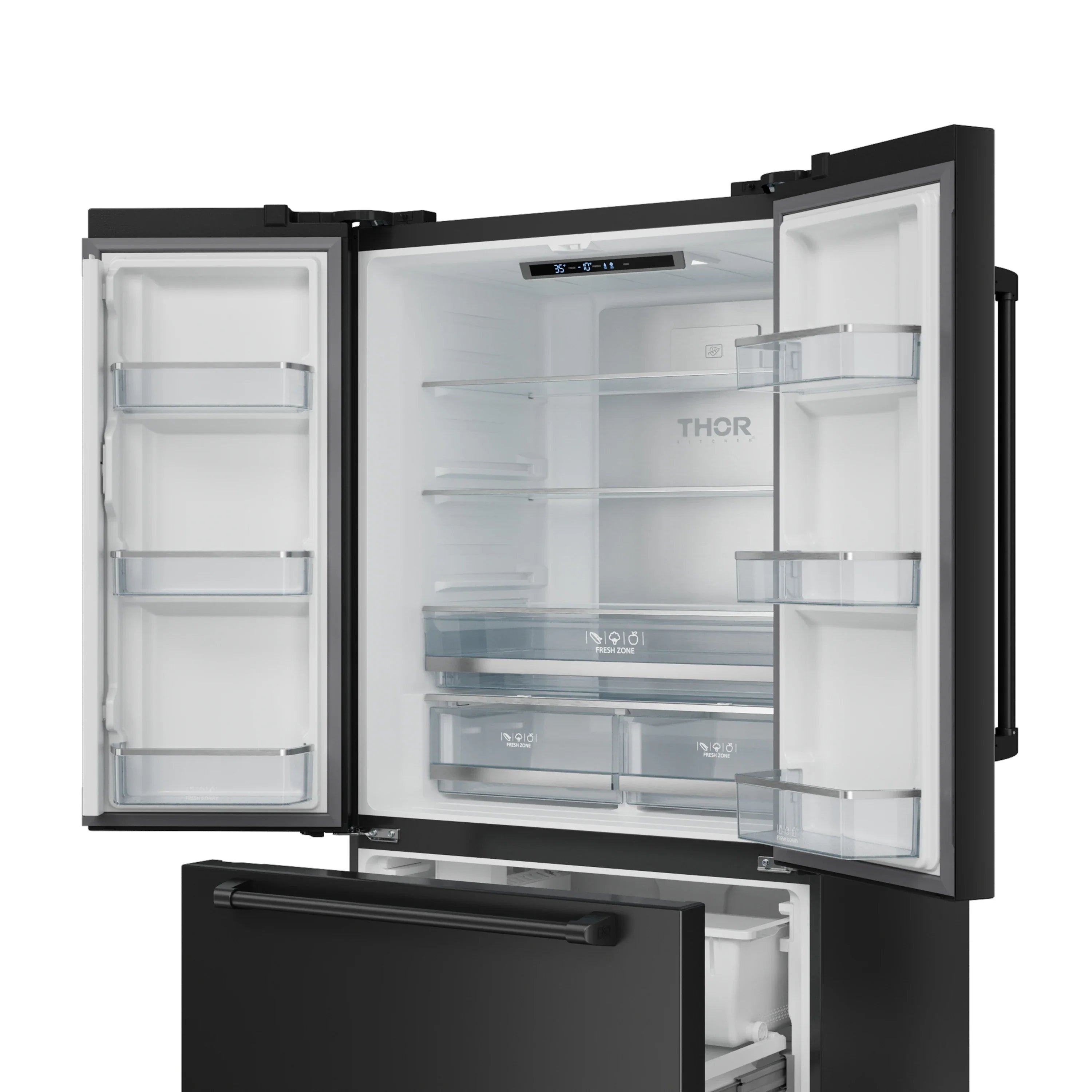 Open black French door refrigerator with clear interior bins and adjustable shelves
