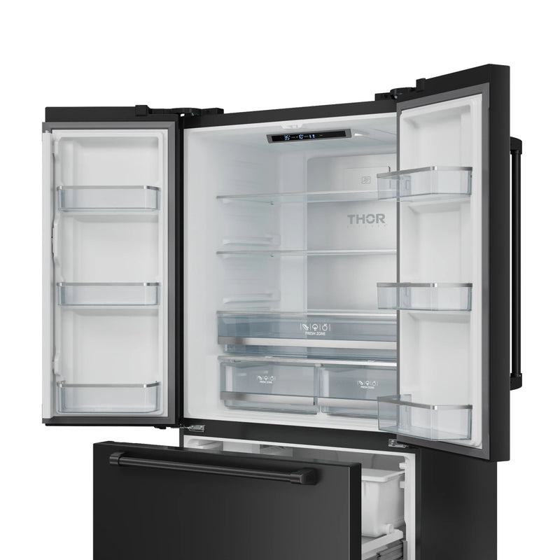 Gordon Ramsay by Thor Kitchen 3-Piece Appliance Package - 36-Inch Propane Gas Range, Tilt Panel, 36-Inch Refrigerator, and Dishwasher in Black