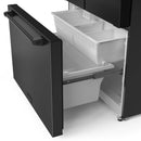 Bottom freezer compartment open with white bins, ice tray area, and drawer interior
