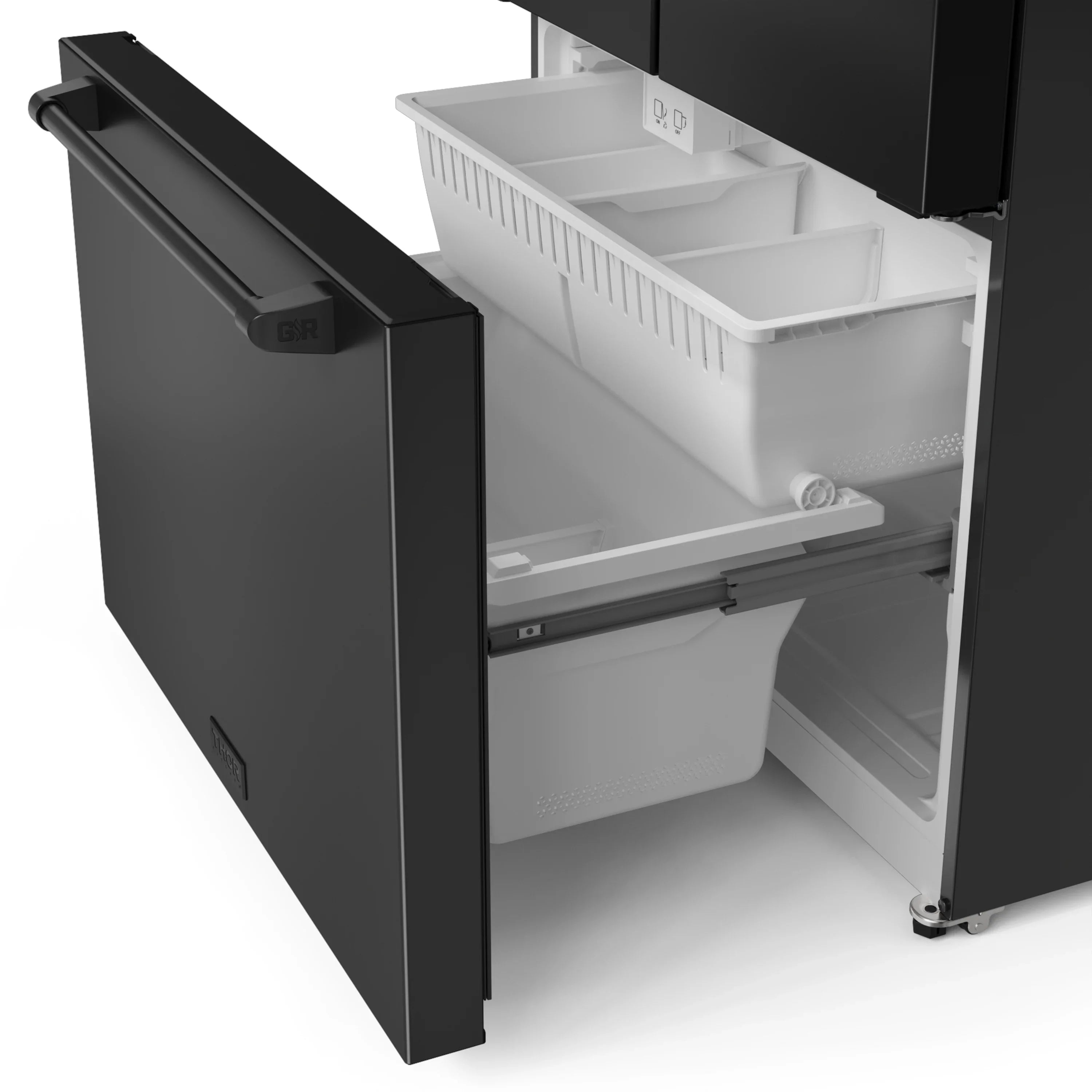 Black built-in dishwasher with door open showing white interior racks
