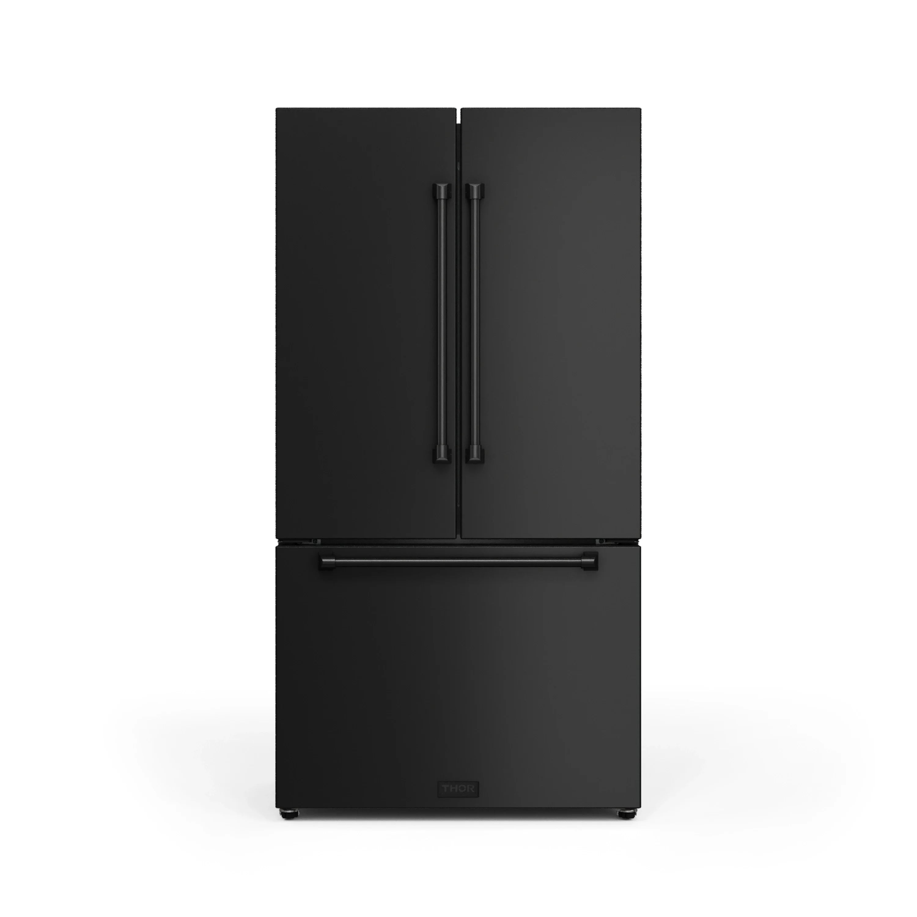 Black French door refrigerator with freezer drawer and exterior dispenser bar