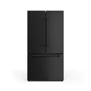 Black French door refrigerator with bottom freezer; front view, doors and handle closed