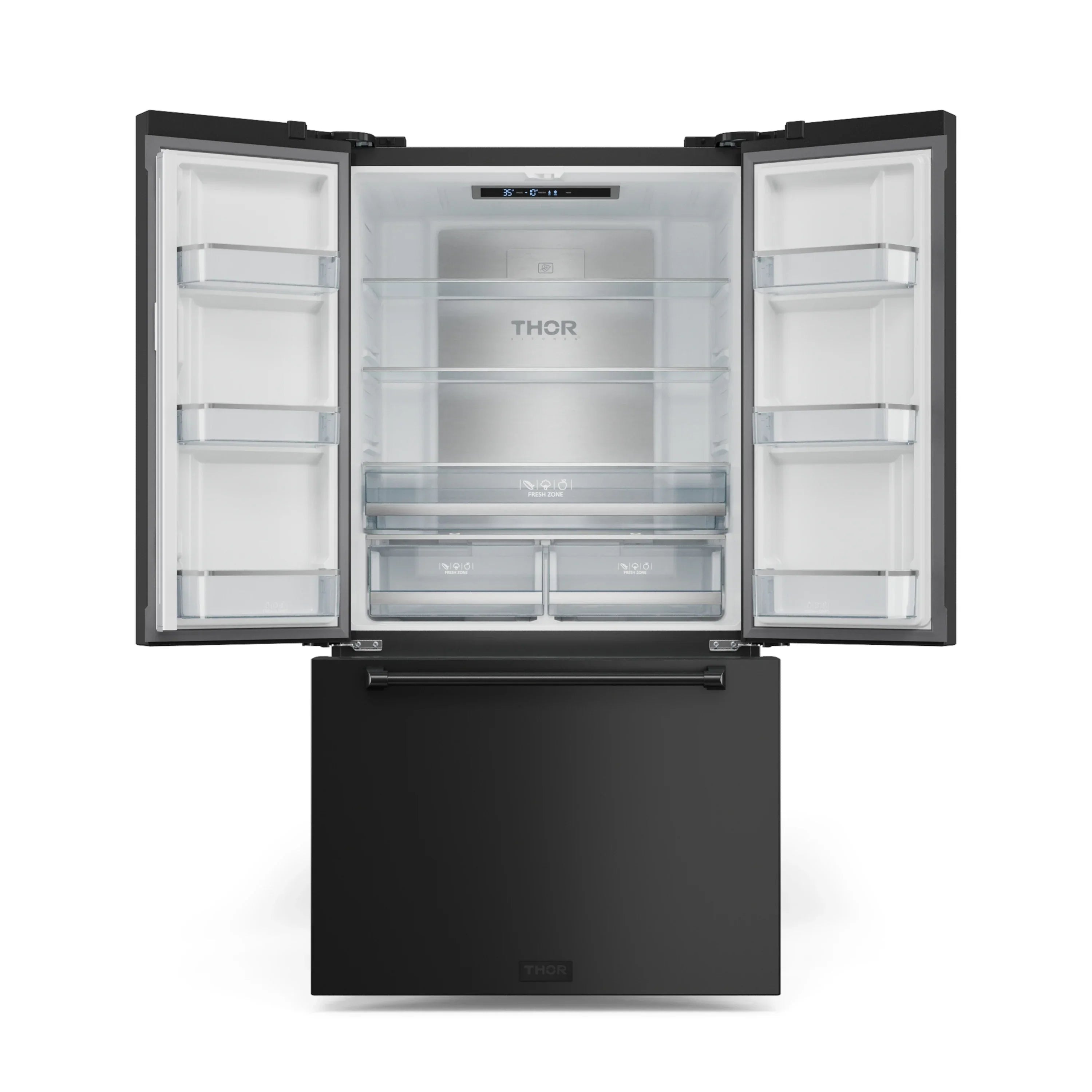 Black refrigerator with open French doors showing adjustable glass shelves