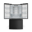 Black French door refrigerator with bottom freezer; open doors show central freezer air vents
