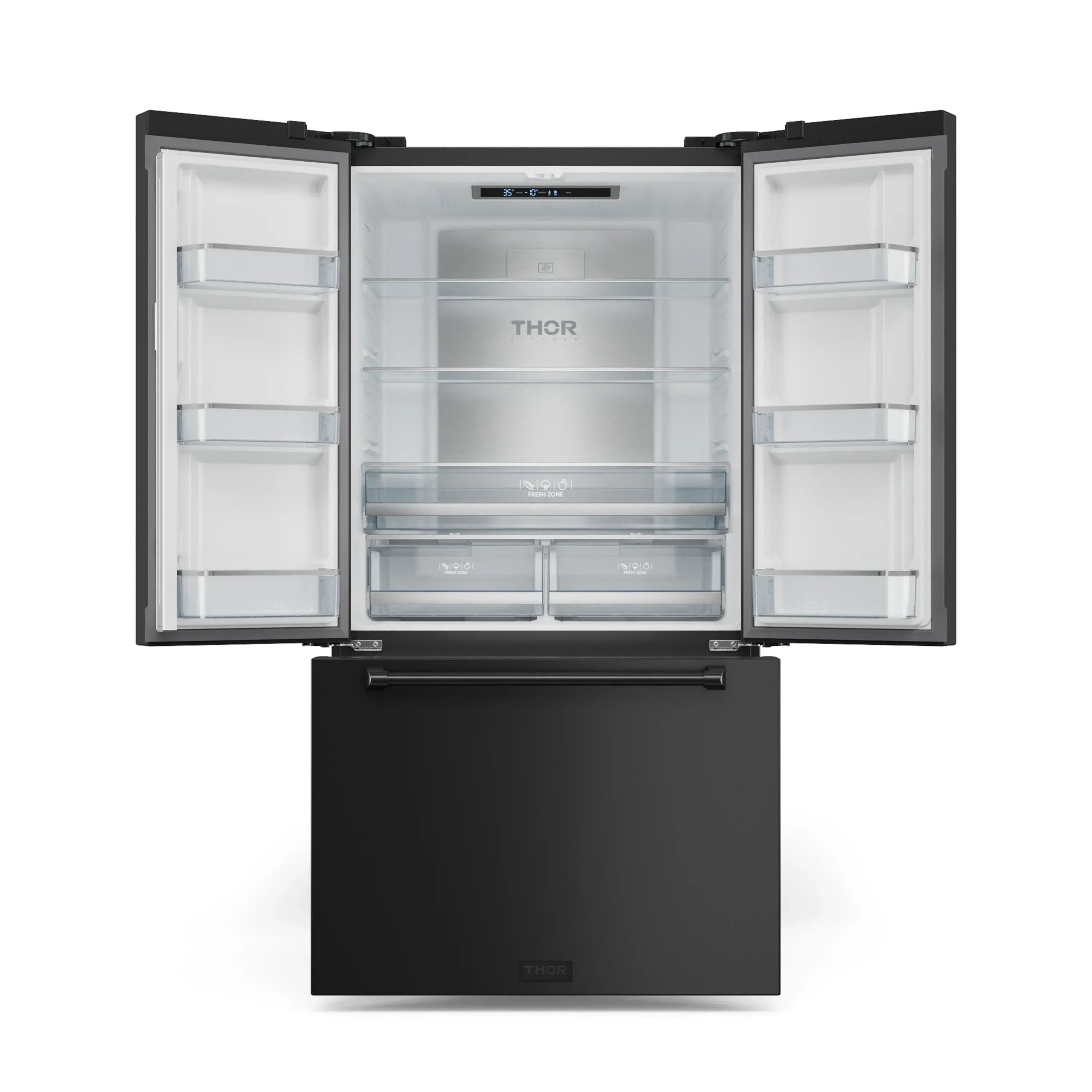 Black French door refrigerator with open doors, glass shelves, and drawer base