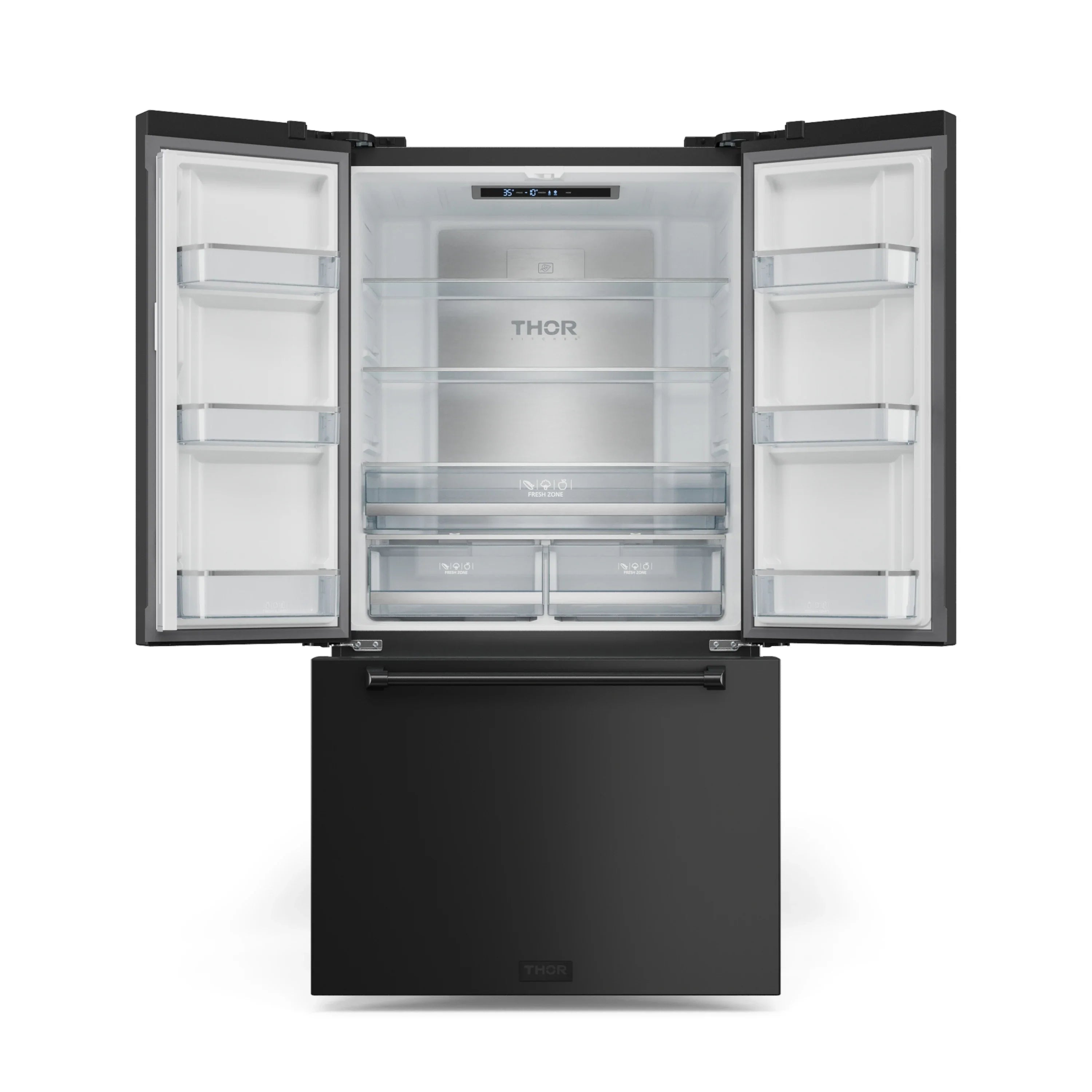 Black French door refrigerator with both doors open and interior shelves visible