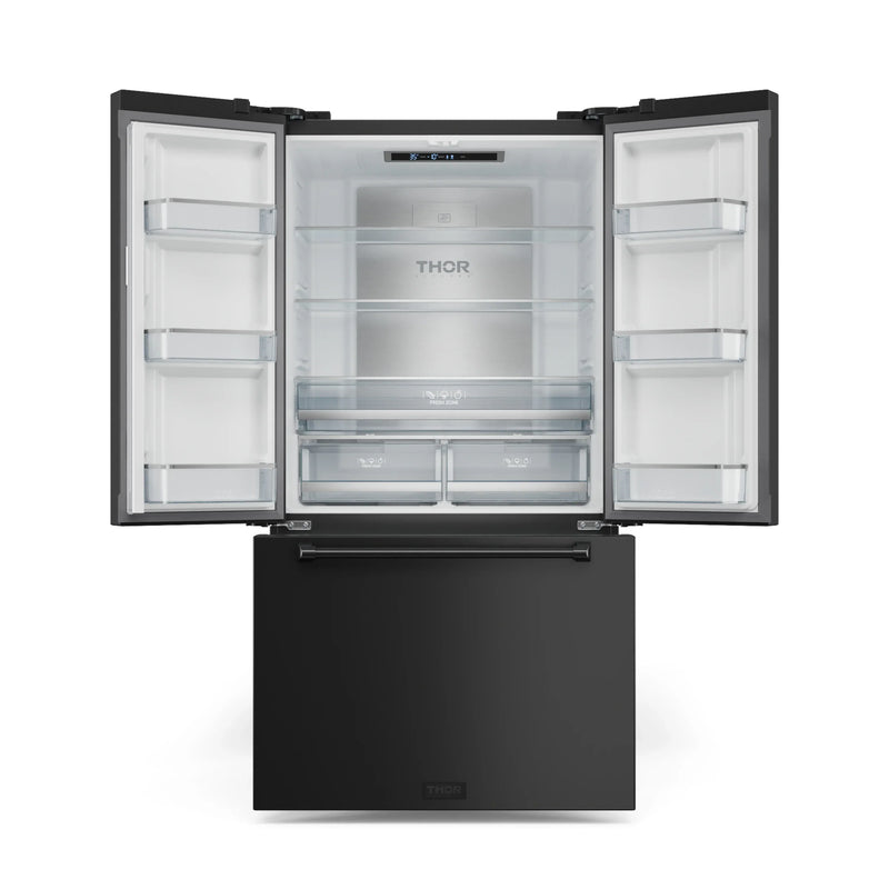 Gordon Ramsay by Thor Kitchen 3-Piece Appliance Package - 36-Inch Propane Gas Range, Tilt Panel, 36-Inch Refrigerator, and Dishwasher in Black