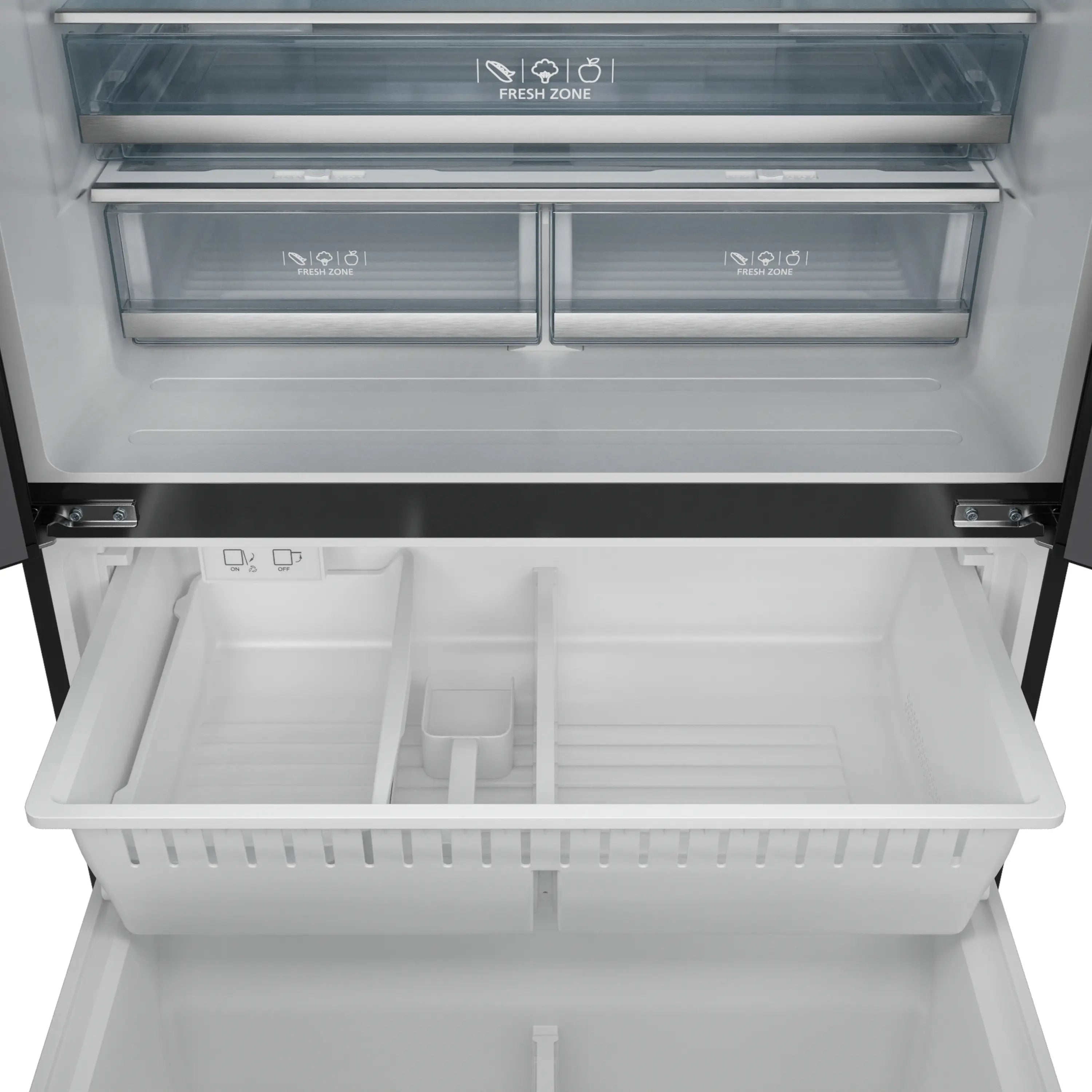 Black refrigerator freezer drawer open with labeled shelves and bins