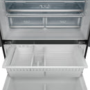 Refrigerator freezer drawer open, showing storage bins and compartment shelves