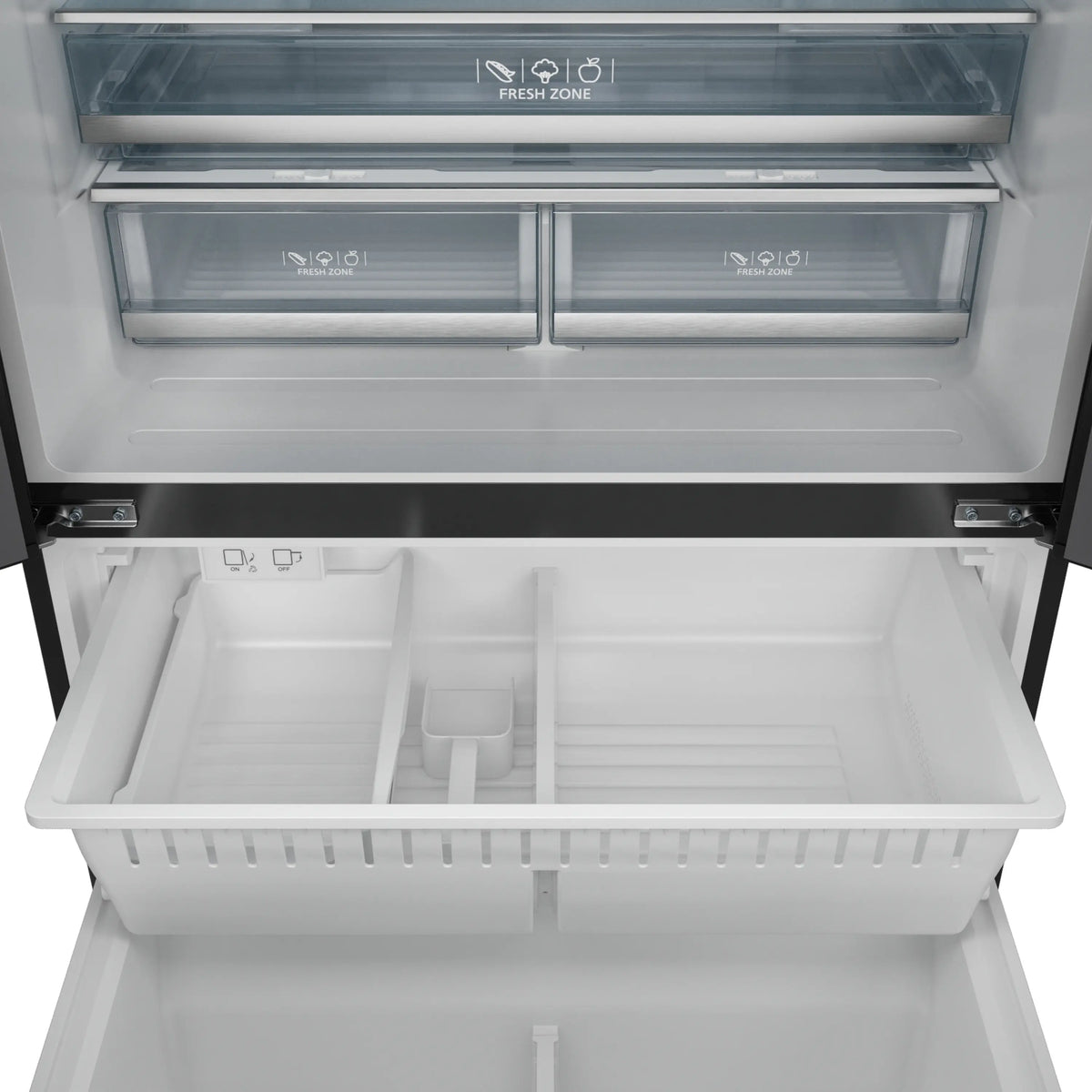 Open freezer section with white drawers, dividers, and storage shelves