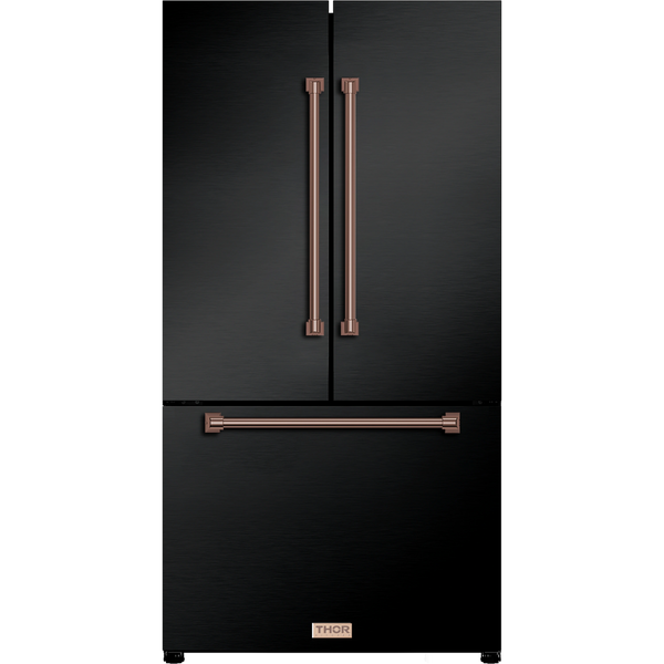 Thor Kitchen Gordon Ramsay Series 36-Inch 20.3 cu ft French Door Counter Depth Refrigerator with Ice Maker in Black with Rose Gold Trim (RF3621CTD00-RSG)