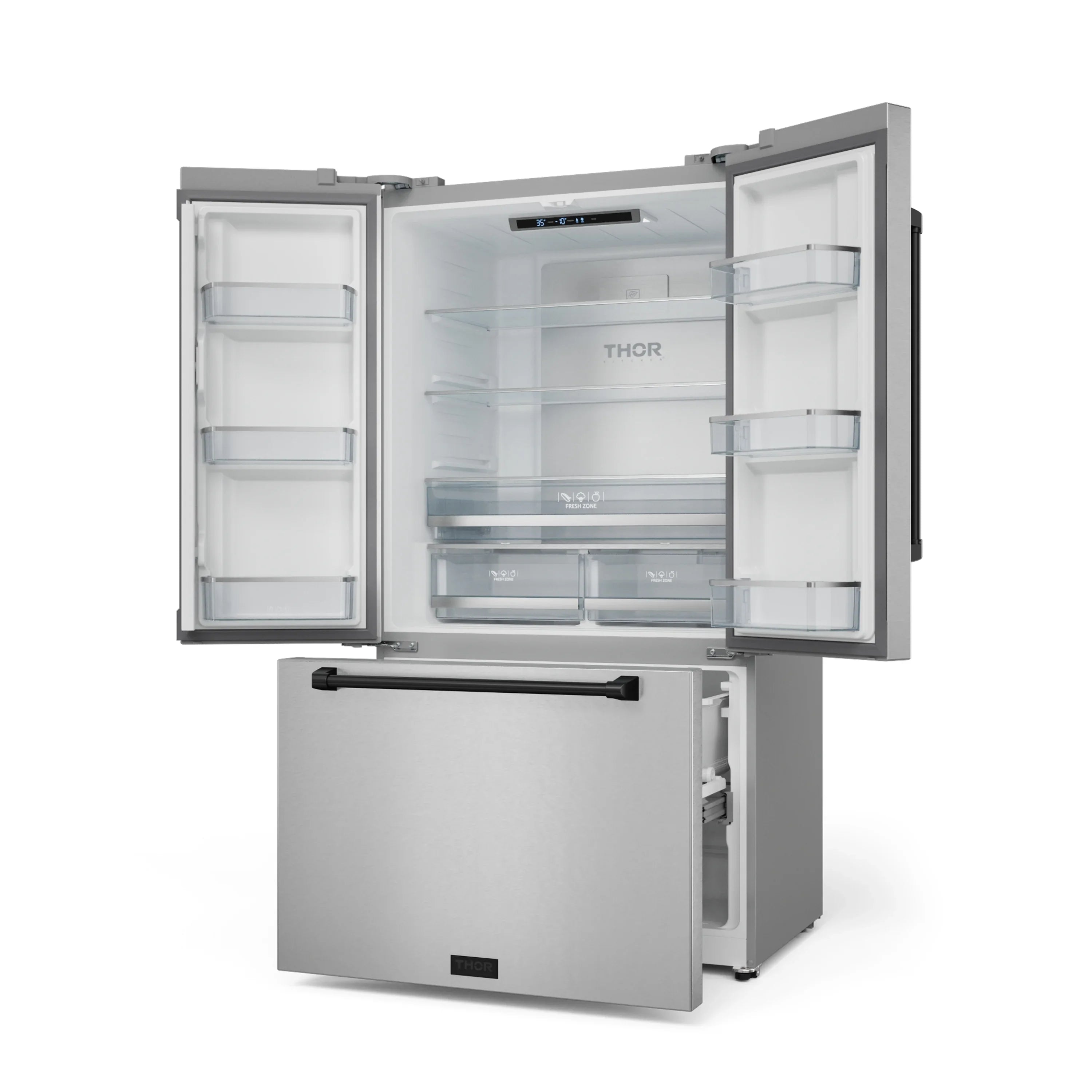 Stainless steel refrigerator open with center Fresh Zone and door shelf compartments