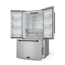 French door counter-depth refrigerator shown open with clear interior shelves and bins